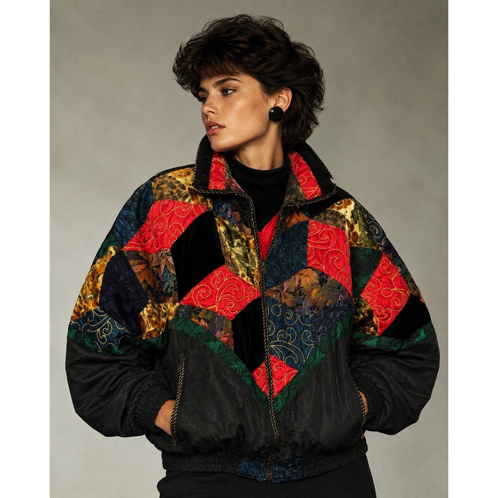 Vintage‎ Pizazz Duvet Down Puffer Jacket XS Patchwork Velvet Brocade 80s 9682